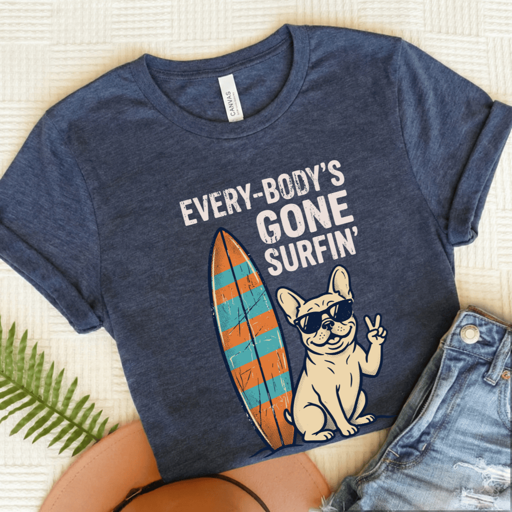 French Bulldog Beach Surfing Unisex Tshirt Heather Navy