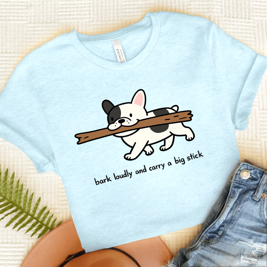 French Bulldog Carry Big Stick Unisex TShirt Heather Ice Blue