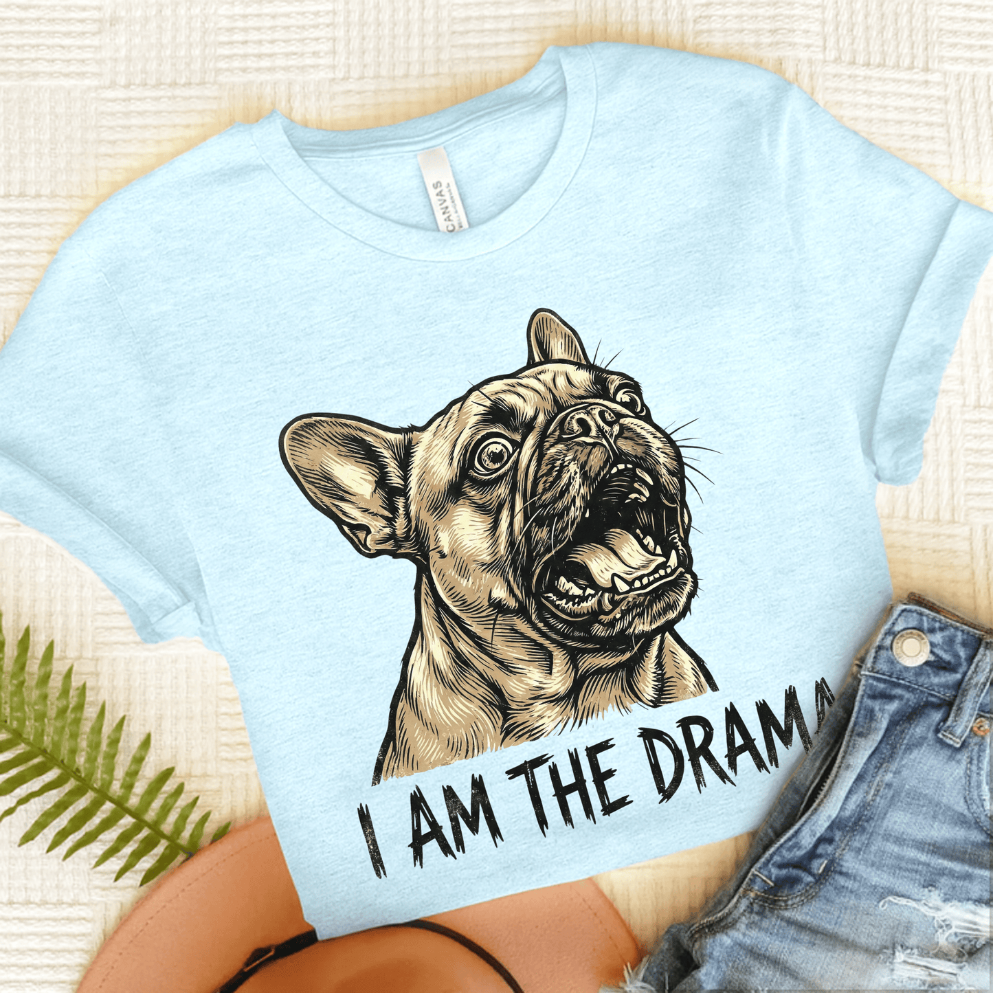 Fawn French Bulldog Dramatic Unisex TShirt Heather Ice Blue