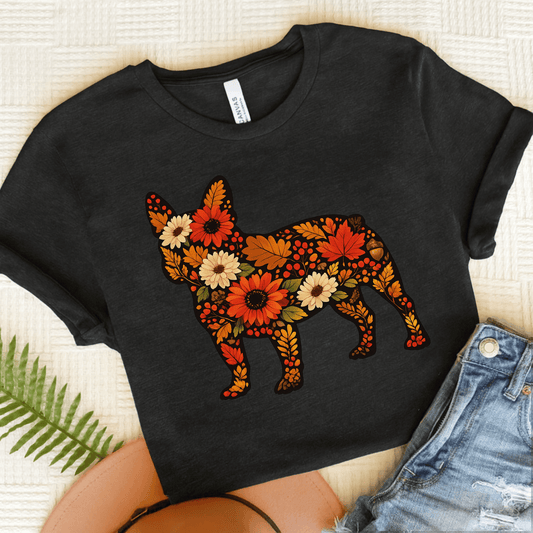 French Bulldog Fall Floral Silhouette Unisex TShirt Dark Grey Heather