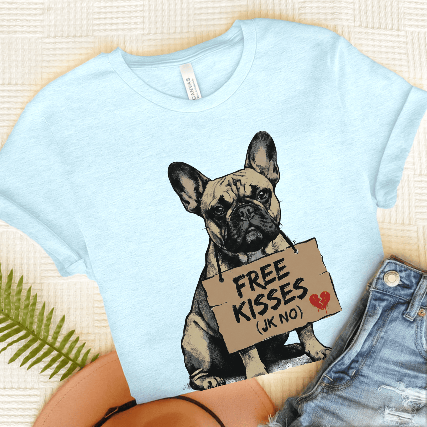 Fawn French Bulldog Free Kisses Unisex TShirt Heather Ice Blue