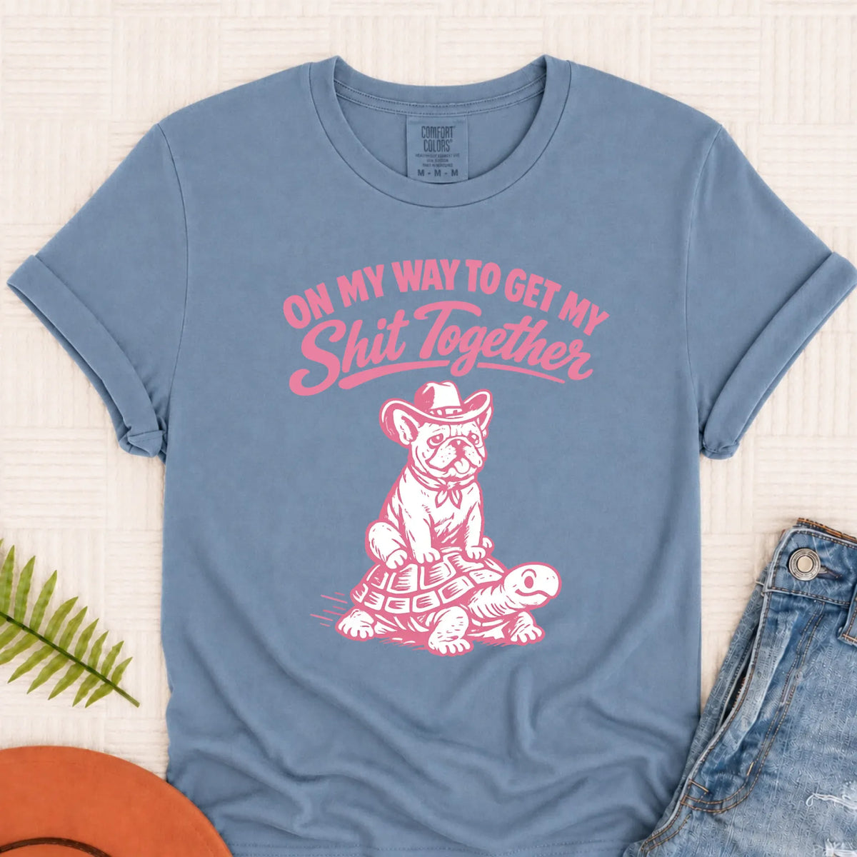 French Bulldog Funny On My Way Unisex TShirt Blue Jean