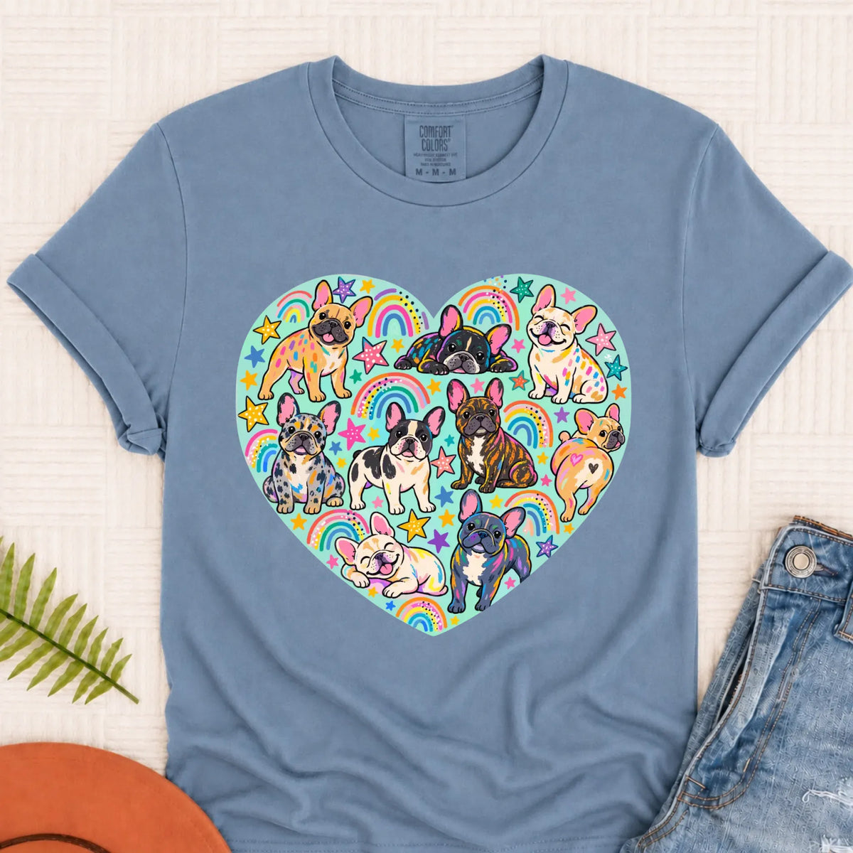 French Bulldog Heart Artist Love Unisex TShirt Blue Jean