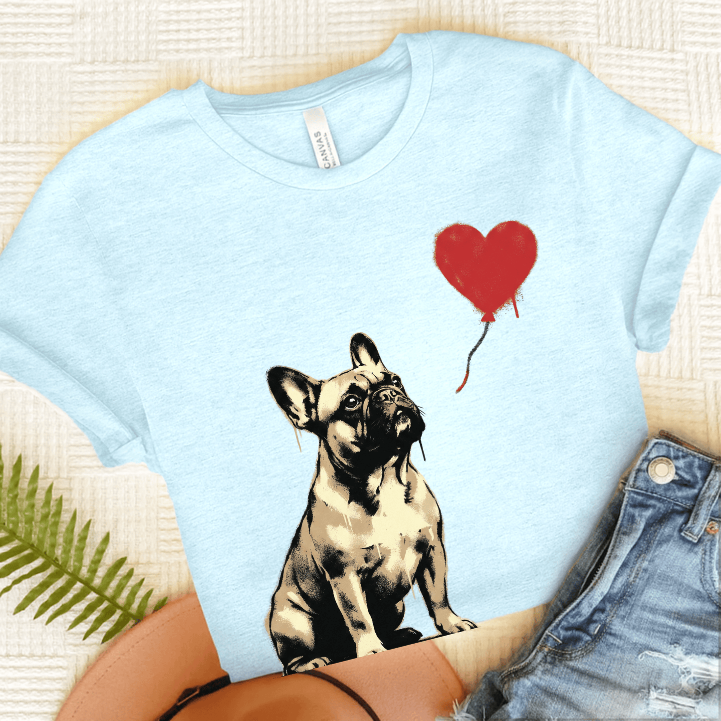 Fawn French Bulldog Heart Graffiti Unisex TShirt Heather Ice Blue