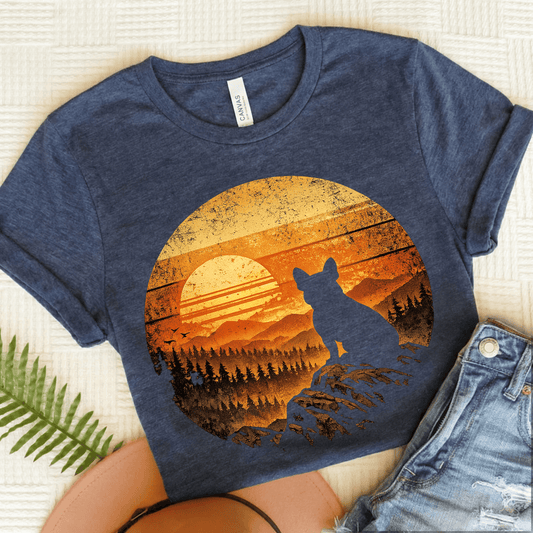 French Bulldog Hiking Sunset Unisex TShirt Heather Navy