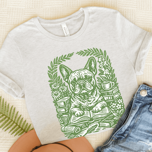 French Bulldog Linocut Bookclub Unisex TShirt Ash