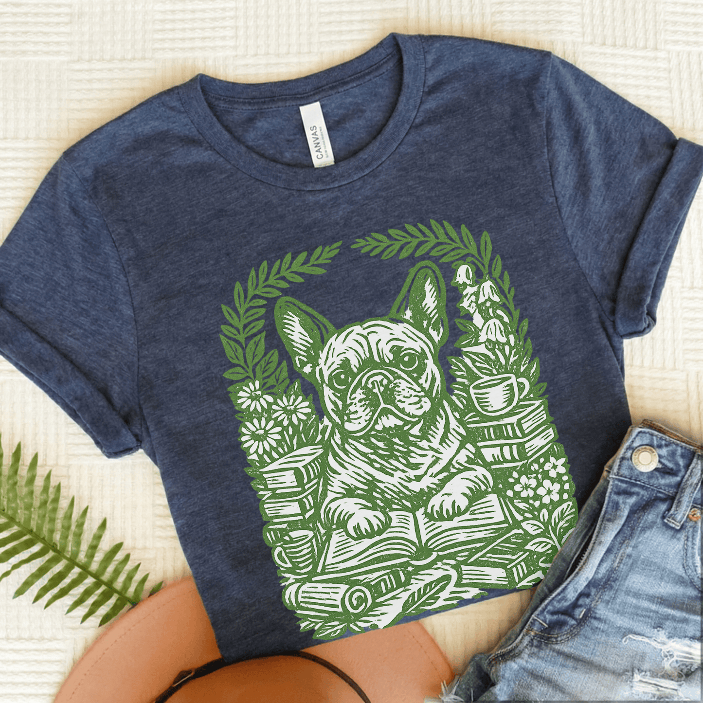 French Bulldog Linocut Bookclub Unisex TShirt Heather Navy