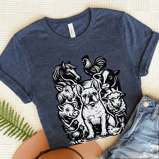 French Bulldog Linocut Farm Animals Unisex TShirt Heather Navy