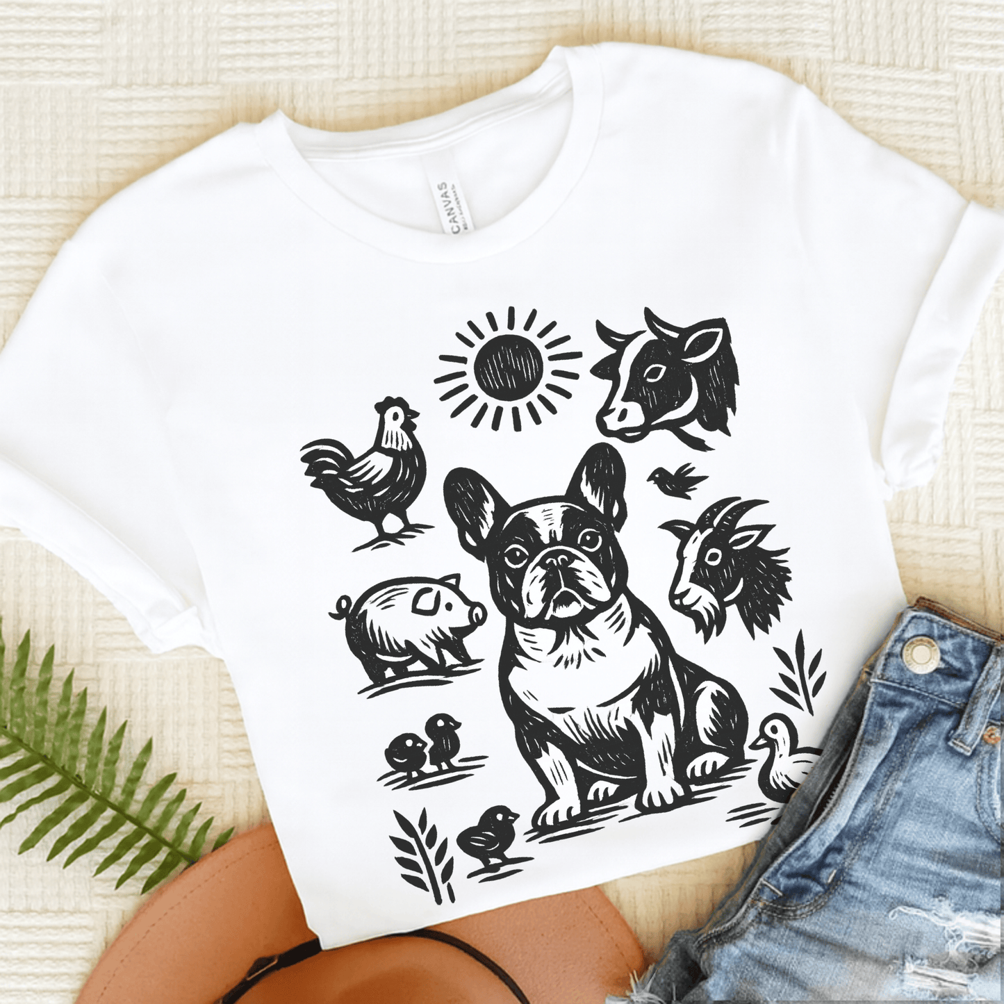 French Bulldog Linocut Farm Animals Unisex TShirt White