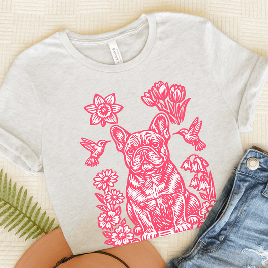 French Bulldog Linocut Hummingbirds Unisex TShirt Ash