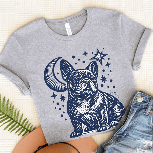 French Bulldog Linocut Moon and Stars Unisex TShirt Athletic Heather