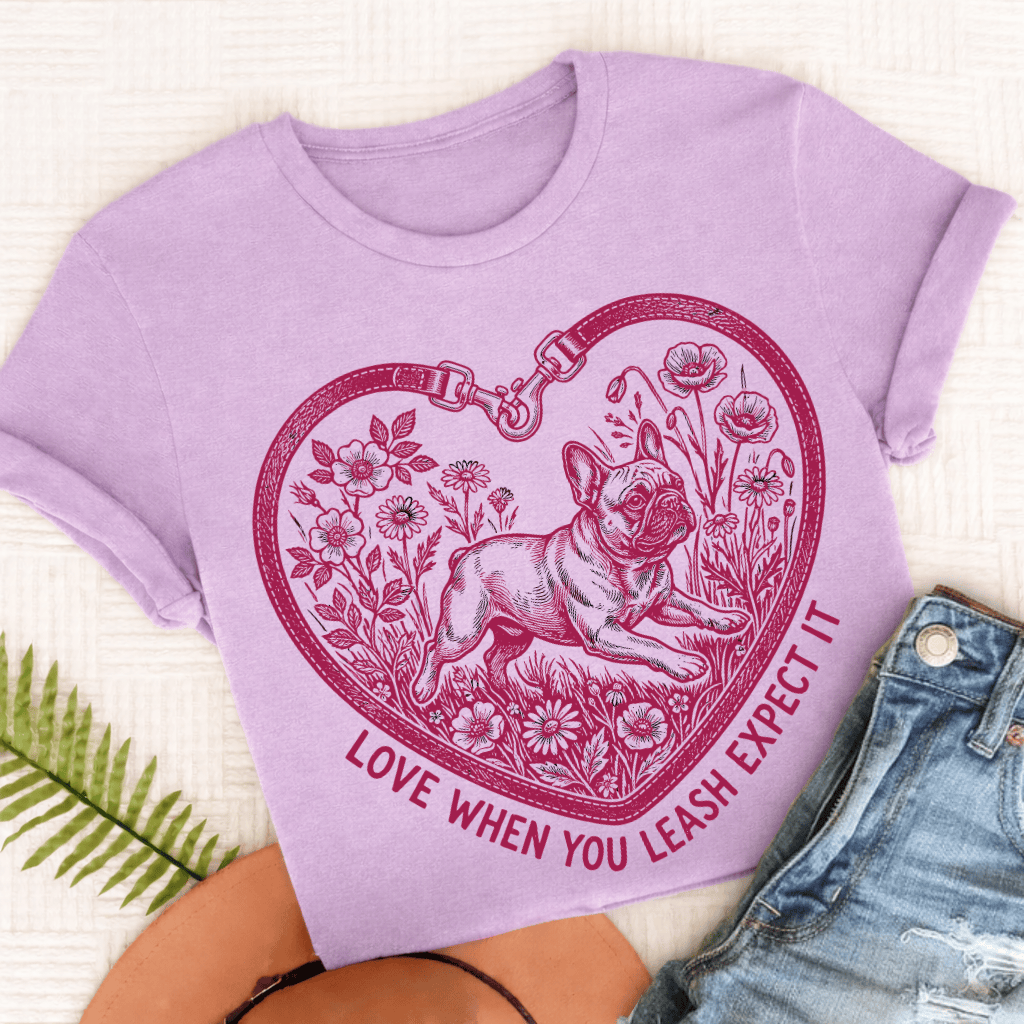 French Bulldog Love Leash Unisex TShirt Comfort Colors Orchid