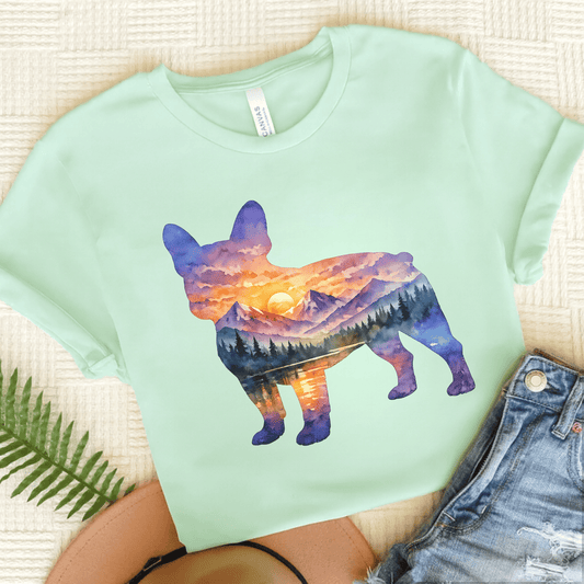 French Bulldog Mountains Sunset Silhouette Unisex TShirt Heather Mint