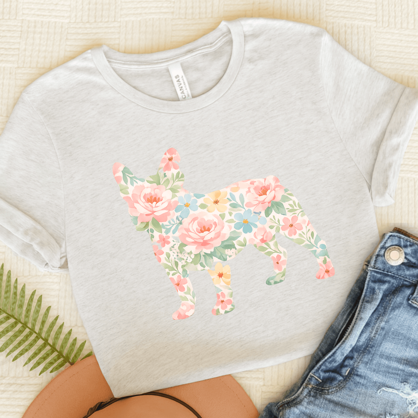 French Bulldog Pastel Floral Silhouette Unisex TShirt Ash