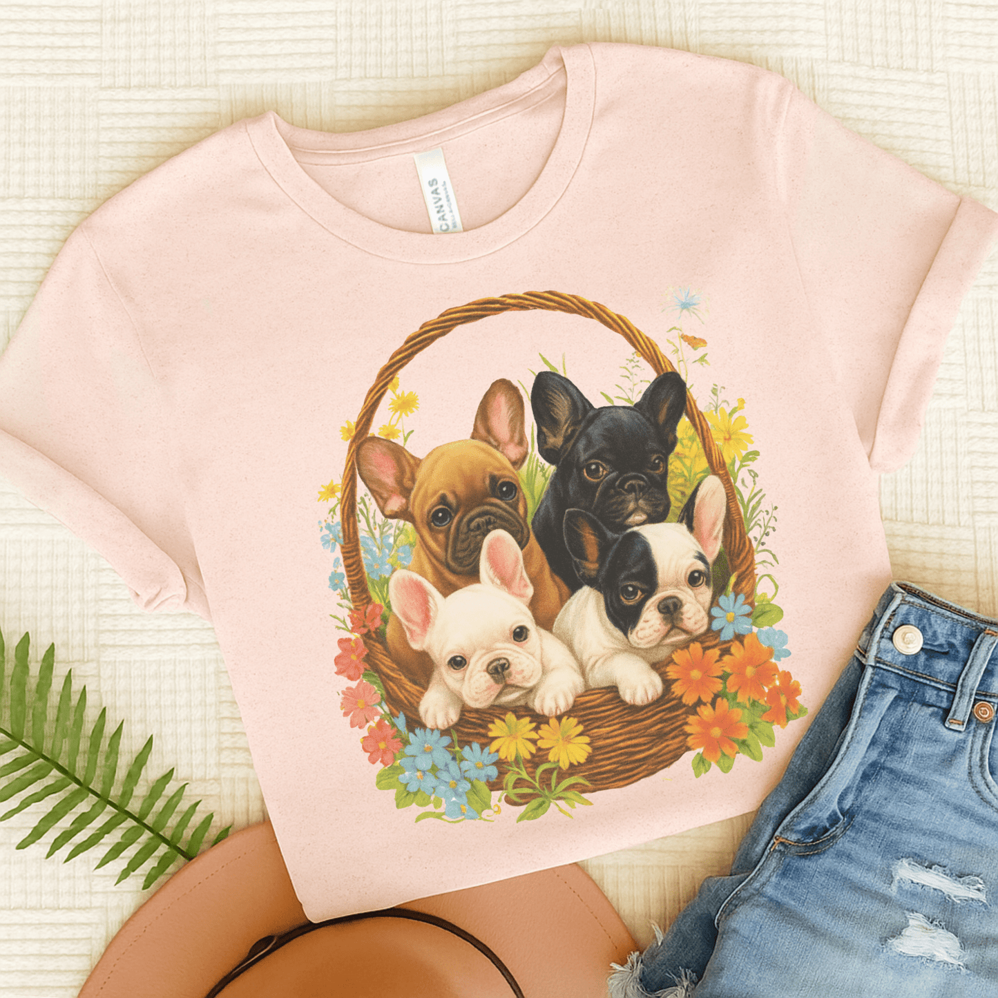 Printify T-Shirt Soft Pink / S French Bulldog Puppy Basket TShirt