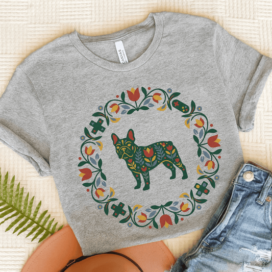 French Bulldog Scandinavian Wreath Unisex TShirt Athletic Heather