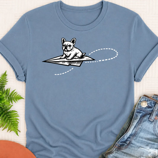 French Bulldog School Paper Airplane Unisex TShirt Blue Jean