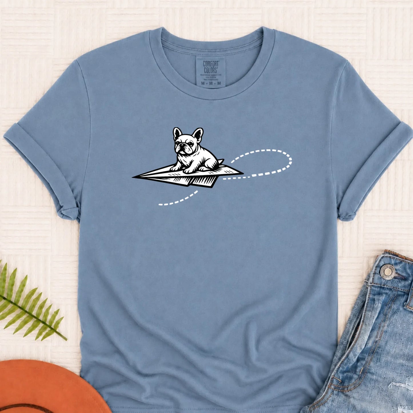 French Bulldog School Paper Airplane Unisex TShirt Blue Jean