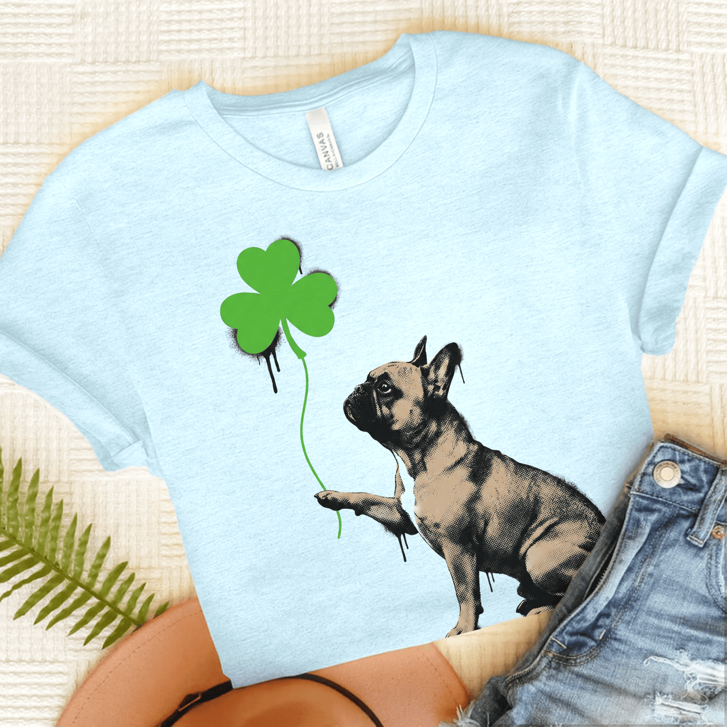 Fawn French Bulldog Shamrock Graffiti Unisex TShirt Heather Ice Blue