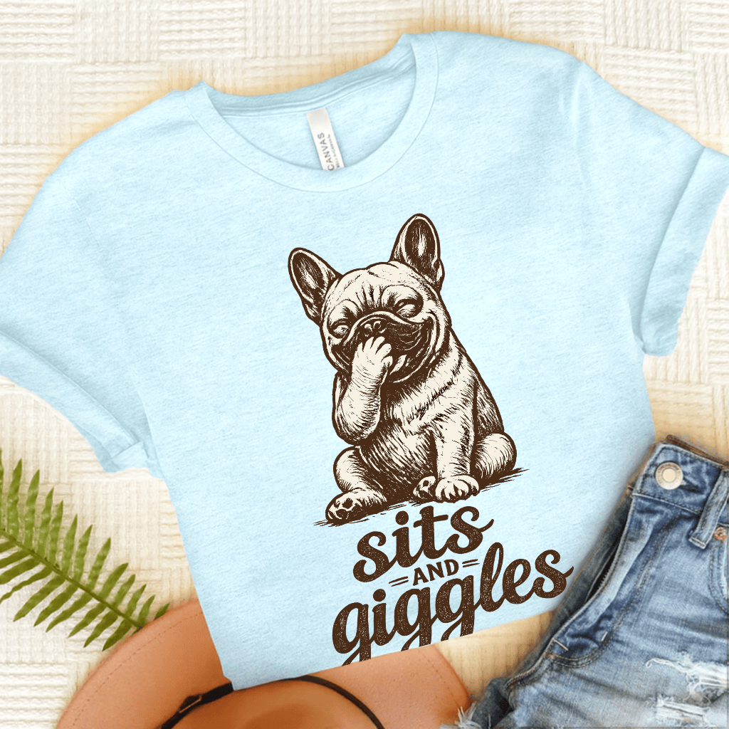 French Bulldog Sits and Giggles Unisex TShirt Heather Ice Blue