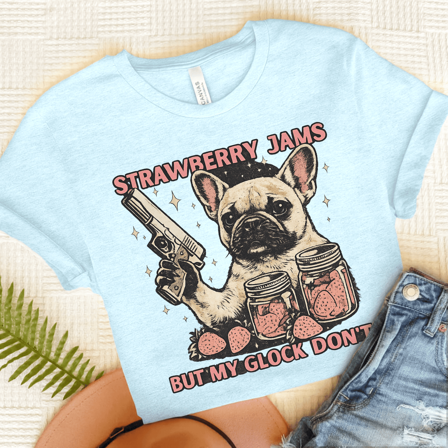French Bulldog Strawberry Jams Unisex TShirt Heather Ice Blue