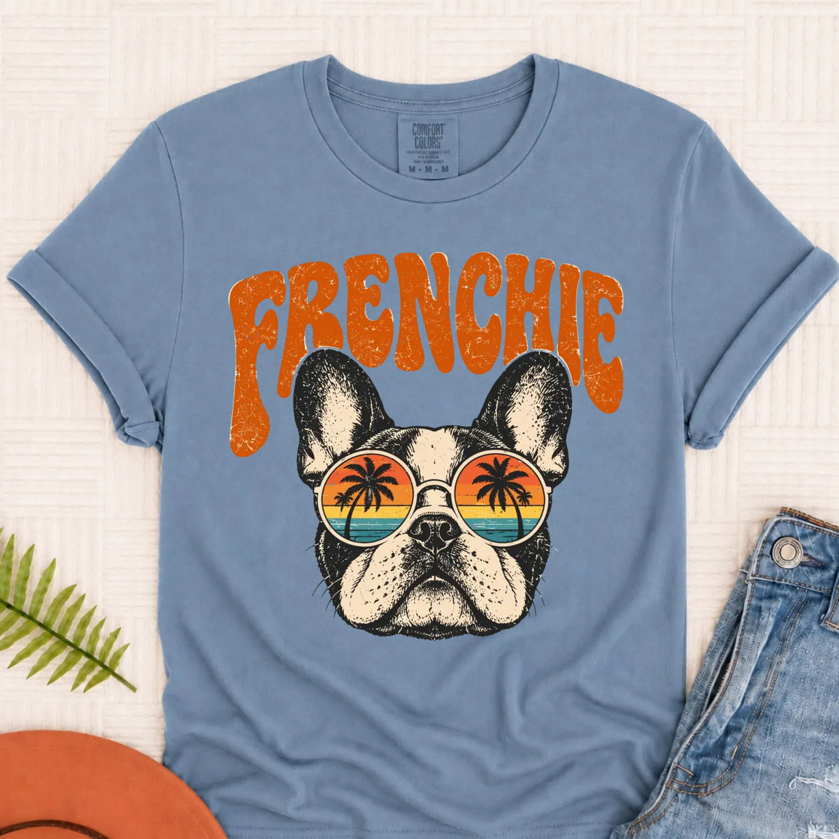 French Bulldog Summer Hippie Unisex Tshirt Blue Jean