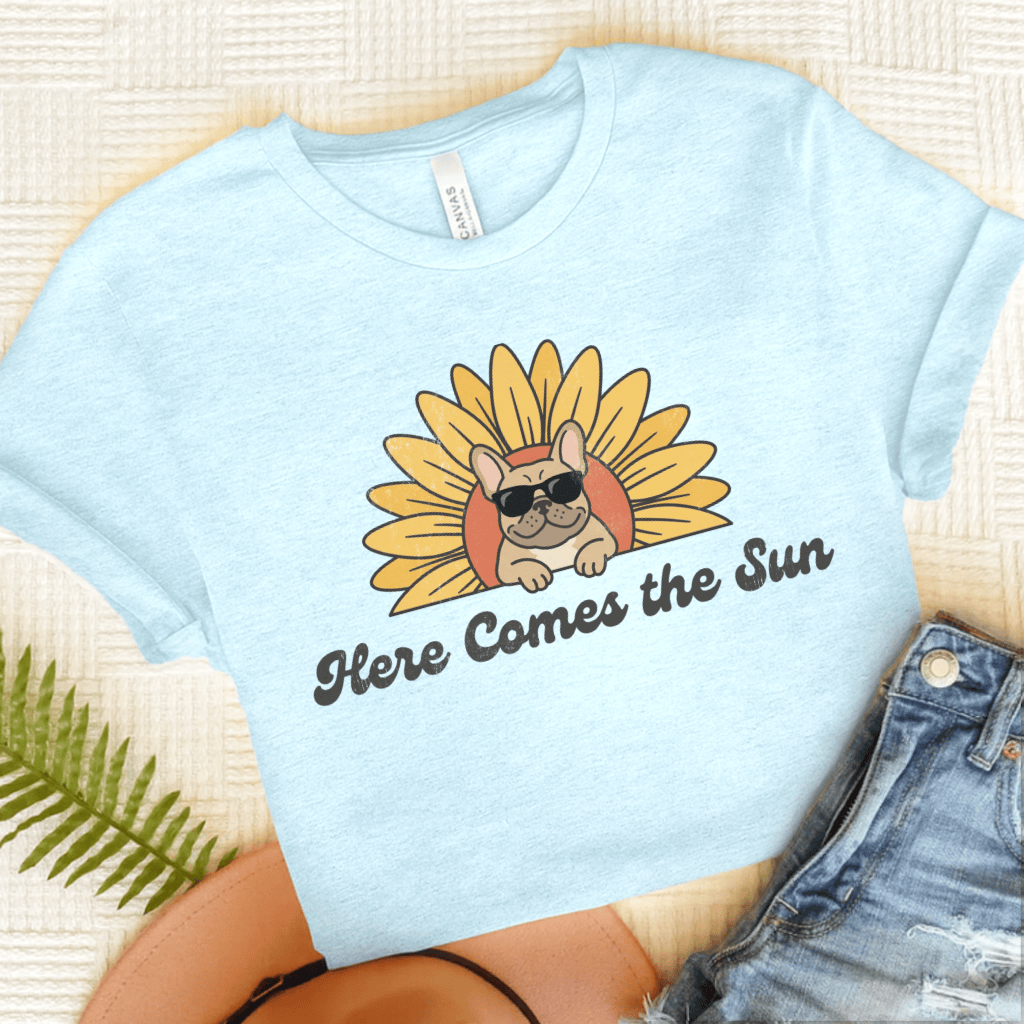 French Bulldog Sunflower Here Comes the Sun Unisex TShirt Heather Ice Blue