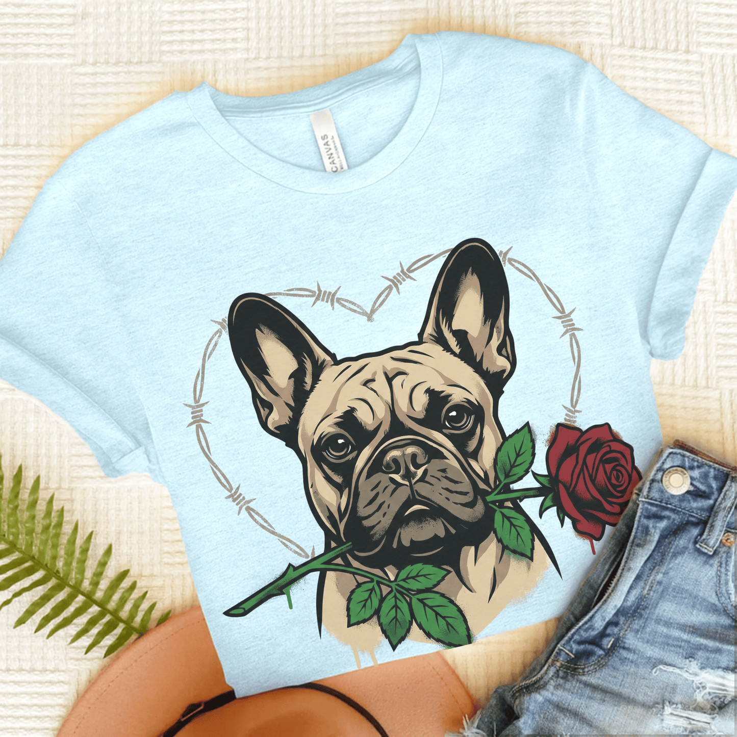 Fawn French Bulldog Valentines Rose Unisex TShirt Heather Ice Blue
