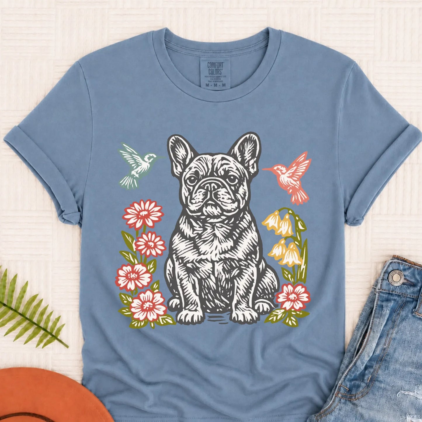 French Bulldog Woodcut Hummingbirds Unisex TShirt Blue Jean