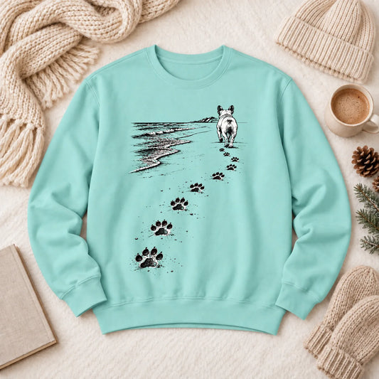 Frenchie Bulldog Beach Walk Unisex Sweatshirt Chalky Mint