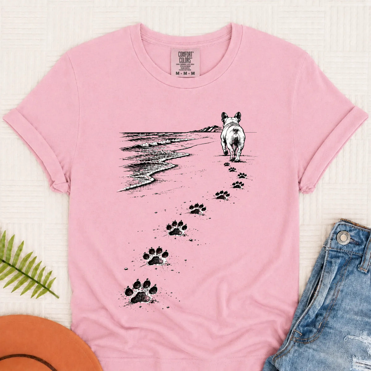 Frenchie Bulldog Beach Walk Unisex Tshirt Blossom