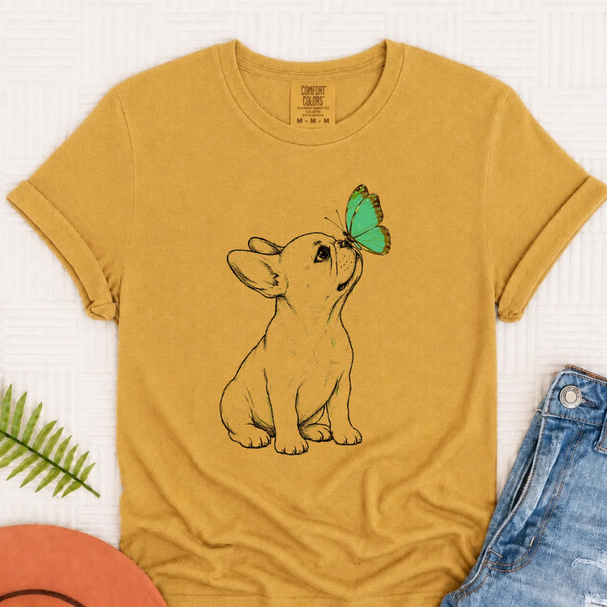 Frenchie Bulldog Butterfly Unisex TShirt Mustard