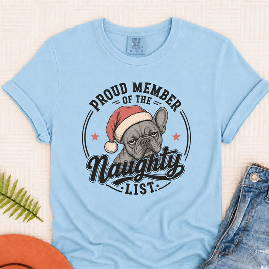 Frenchie Bulldog Christmas Naughty List Unisex TShirt Chambray