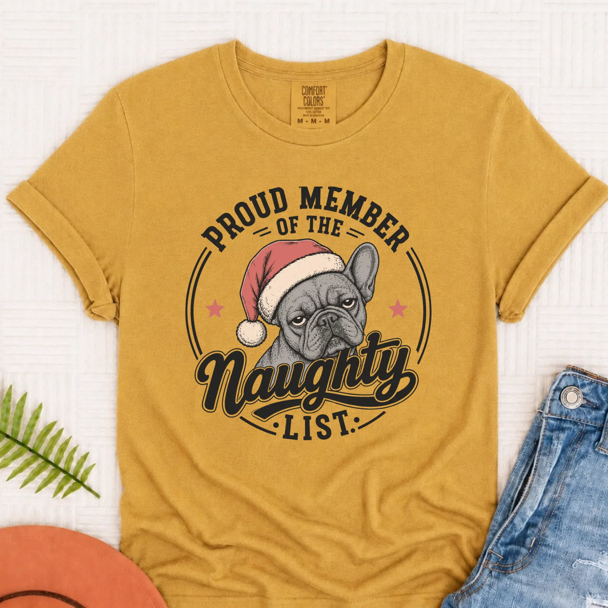 Frenchie Bulldog Christmas Naughty List Unisex TShirt Mustard