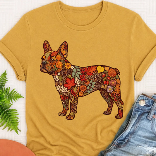 Frenchie Bulldog Fall Floral Silhouette Unisex TShirt Mustard