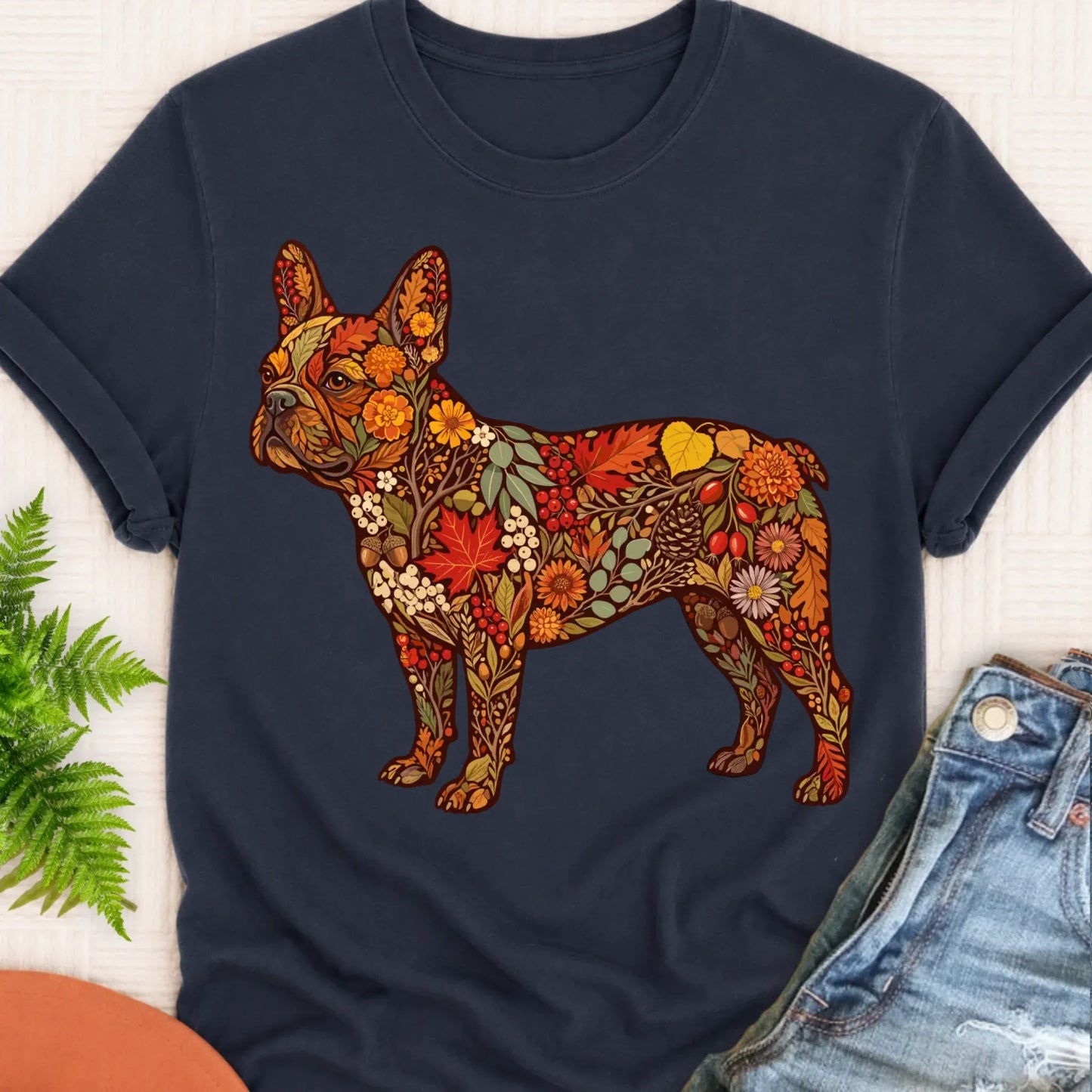 T-Shirt Navy / S Frenchie Bulldog Fall Floral Silhouette Unisex TShirt