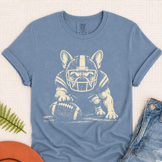 Frenchie Bulldog Football Grunge Unisex TShirt Blue Jean