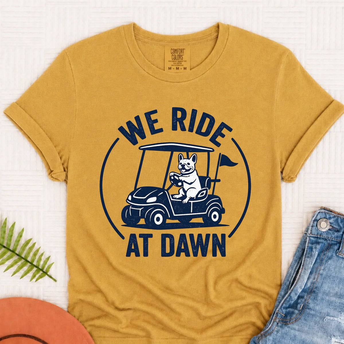Frenchie Bulldog Golf Cart Unisex TShirt Mustard