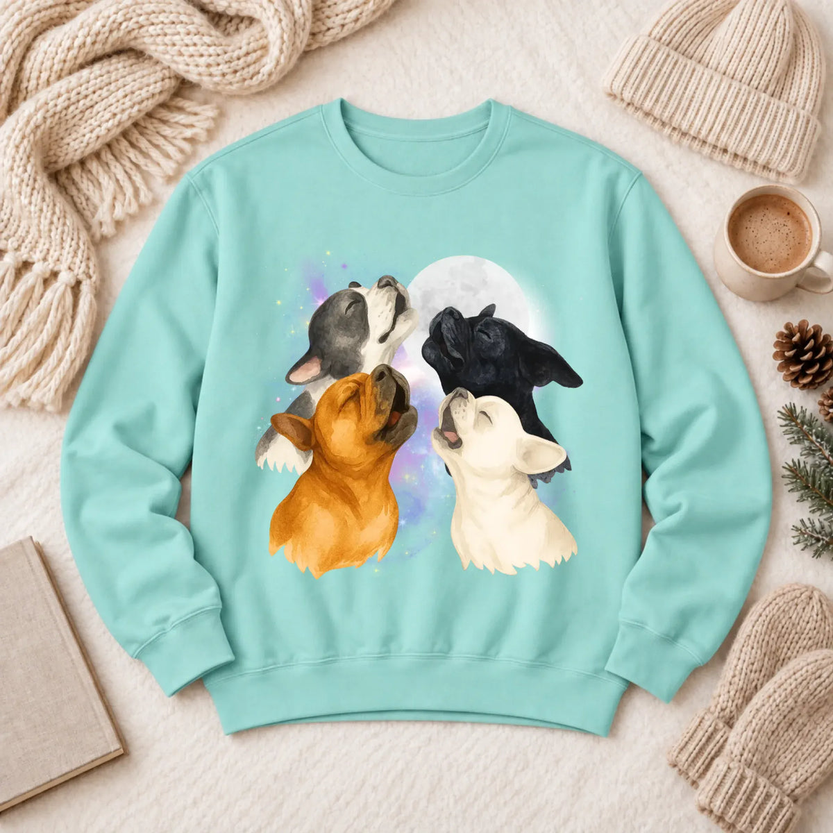 Sweatshirt Chalky Mint / S Frenchie Bulldog Howling At Moon Unisex Sweatshirt