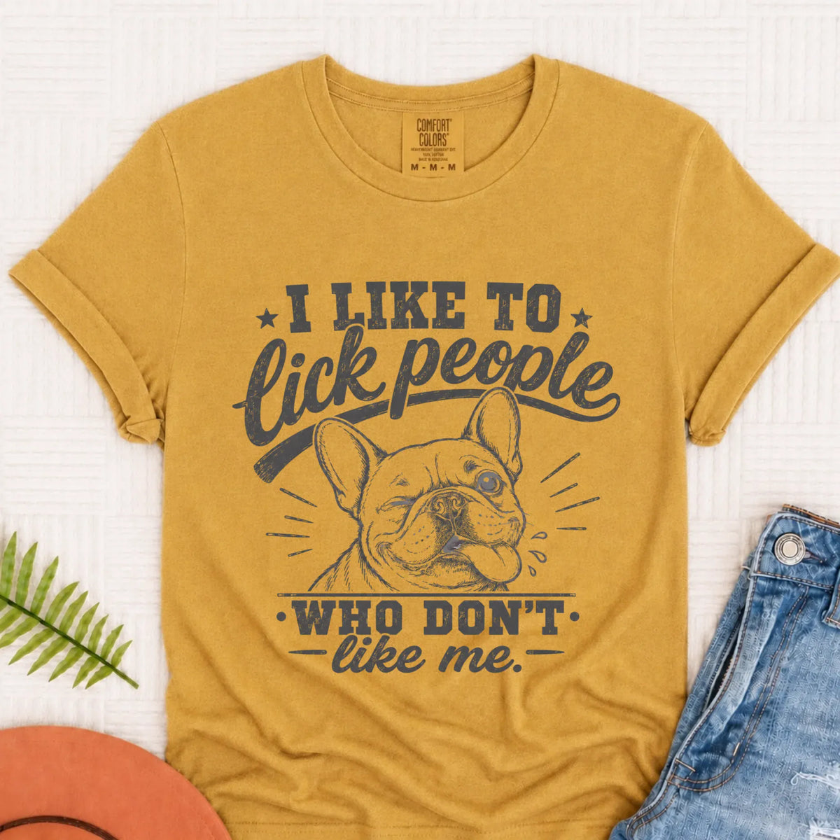 Frenchie Bulldog Lick People Unisex TShirt Mustard