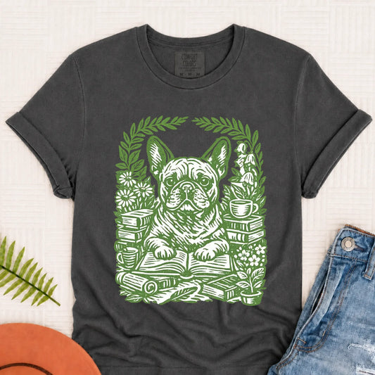 Frenchie Bulldog Linocut Bookclub Unisex TShirt Pepper
