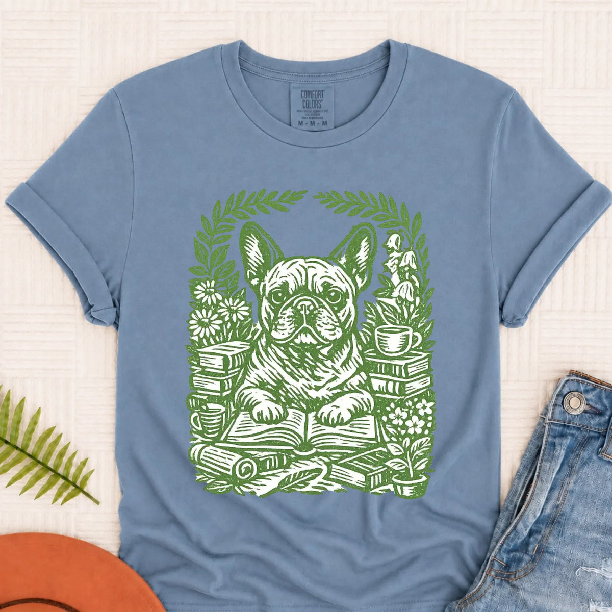 Frenchie Bulldog Linocut Bookclub Unisex TShirt Blue Jean
