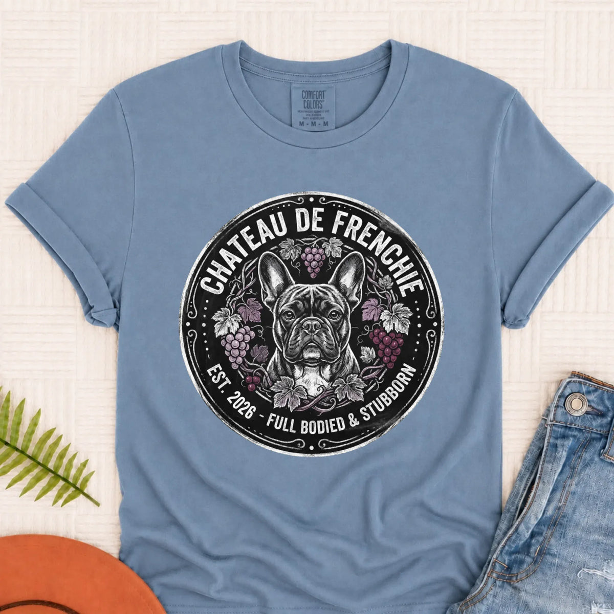 Frenchie Bulldog Wine Day Drinking Unisex TShirt Blue Jean