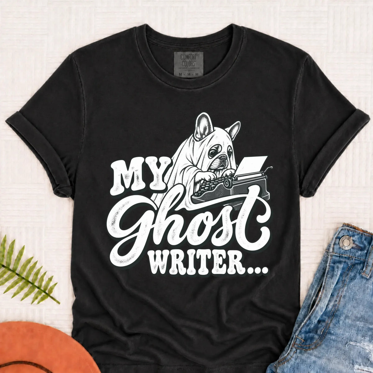 Frenchie Ghost Writer Halloween Unisex Tshirt Graphite