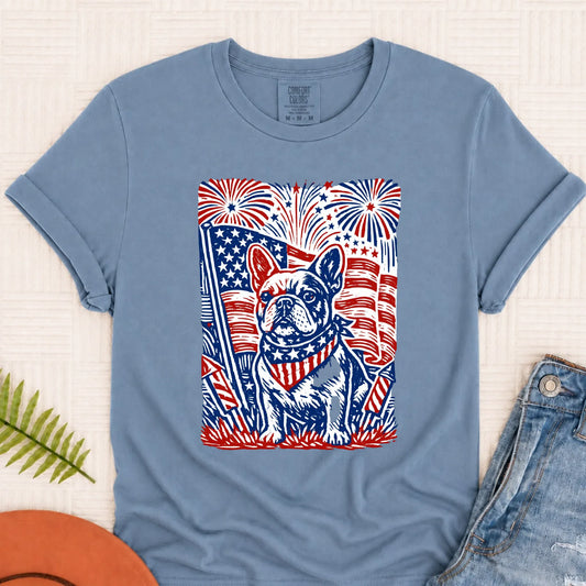 Frenchie Linocut 4th of July USA Unisex TShirt Blue Jean