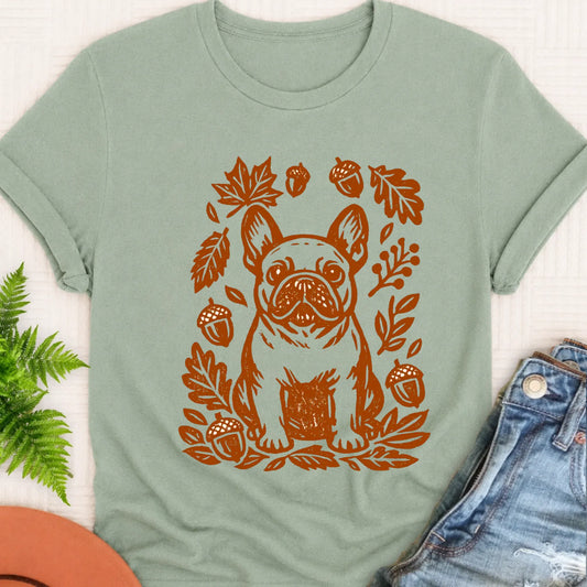 Frenchie Linocut Fall Leaves Unisex TShirt Bay