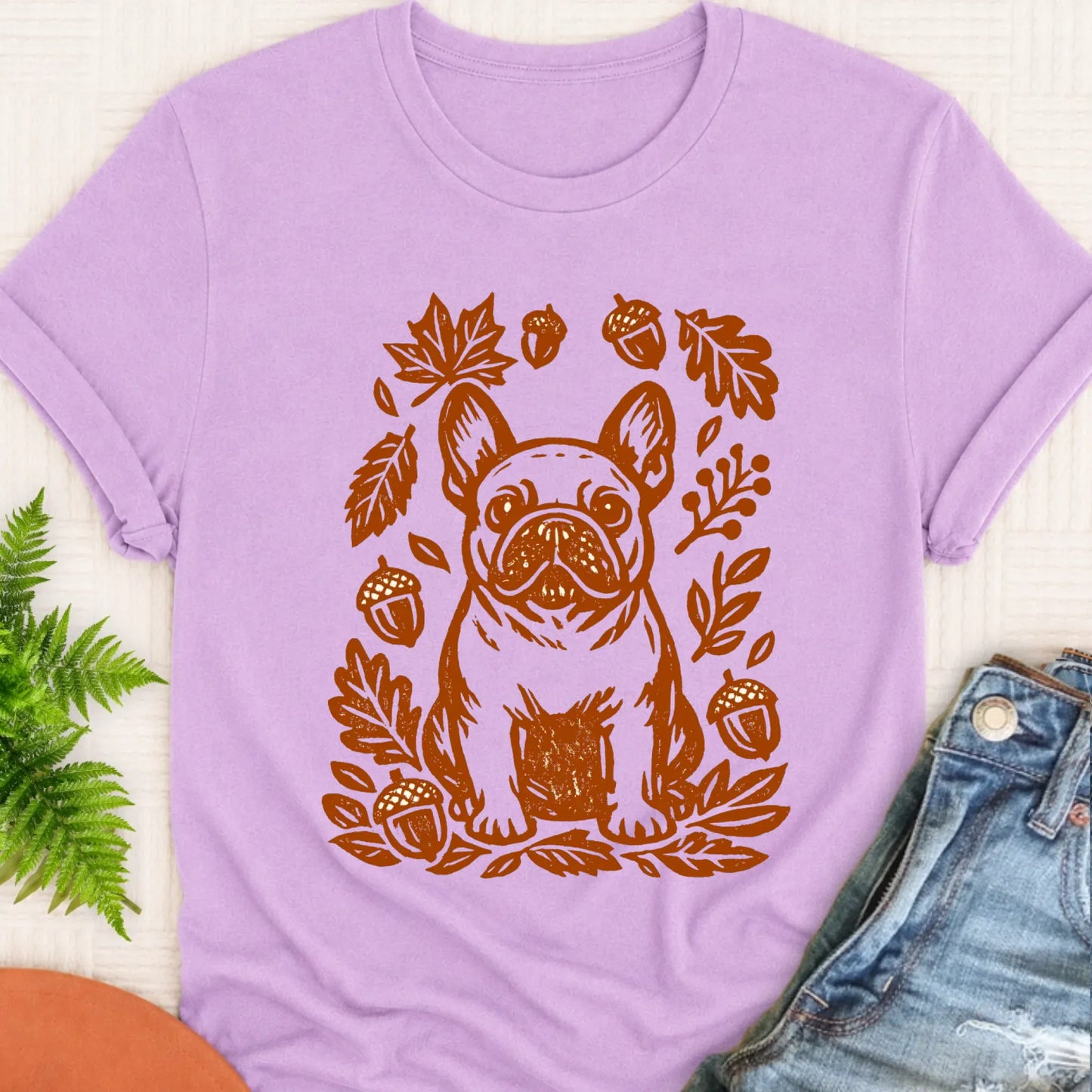 T-Shirt Orchid / S Frenchie Linocut Fall Leaves Unisex TShirt