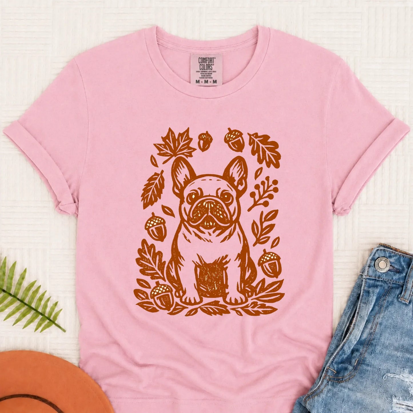 Frenchie Linocut Fall Leaves Unisex TShirt Blossom