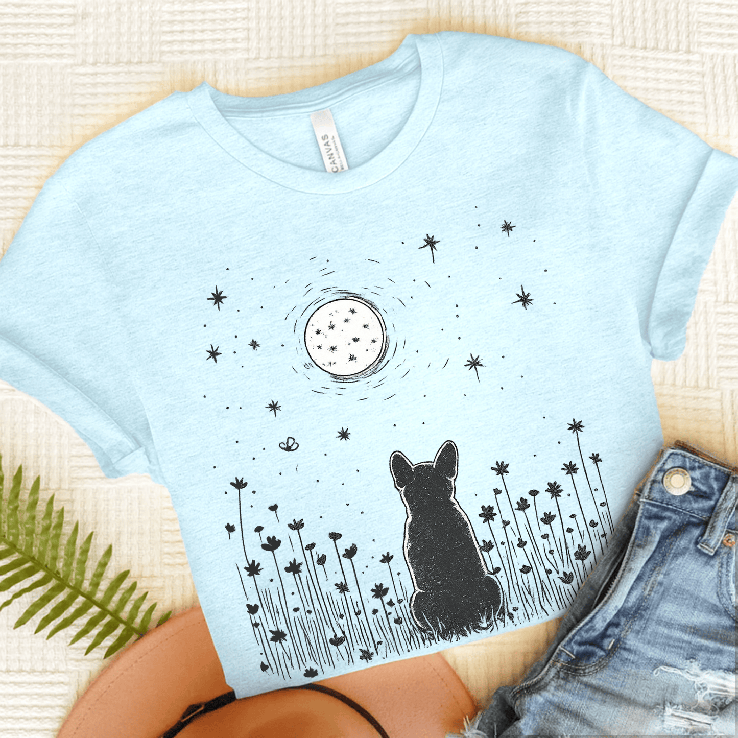 Frenchie Moonlight Night Unisex TShirt Heather Ice Blue