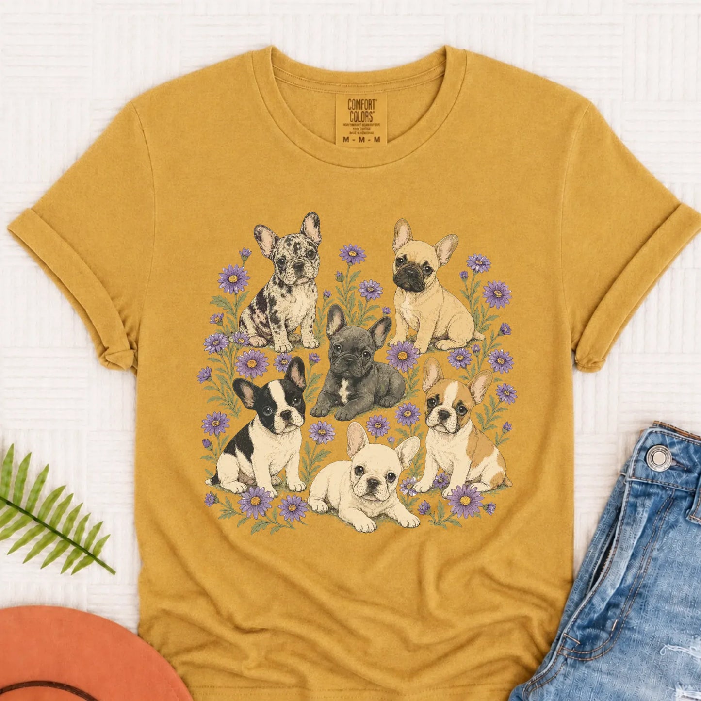 Frenchie Puppies Butterfly Garden Unisex TShirt Mustard